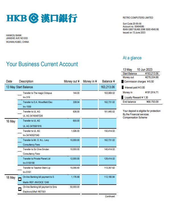 Modèle Word et PDF de relevé de compte de l'organisation Hankou Bank